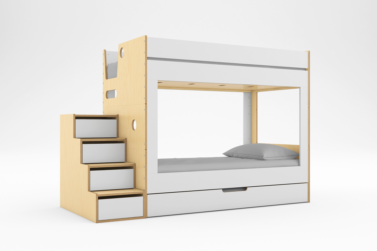 Cabin Bunk Bed in a birch and white wood finish against a white background with storage stairs and trundle bed
