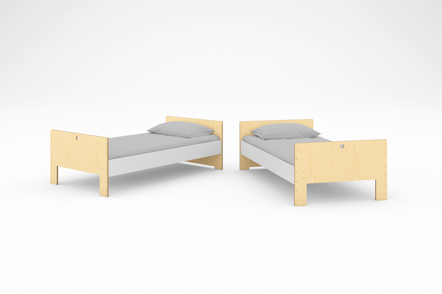Birch and white Cabin Bunk Bed disassembled into two twin beds with grey bedding against a white background.