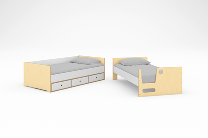 Cabin Bunk Bed unstacked next to eachother one with 3 storage drawers in a birch wood finish against a white background