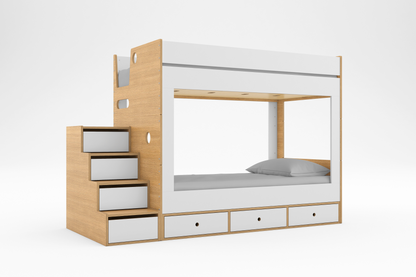 Cabin Bunk Bed in a oak and white wood finish against a white background with storage stairs and 3 storage drawers below bottom bunk