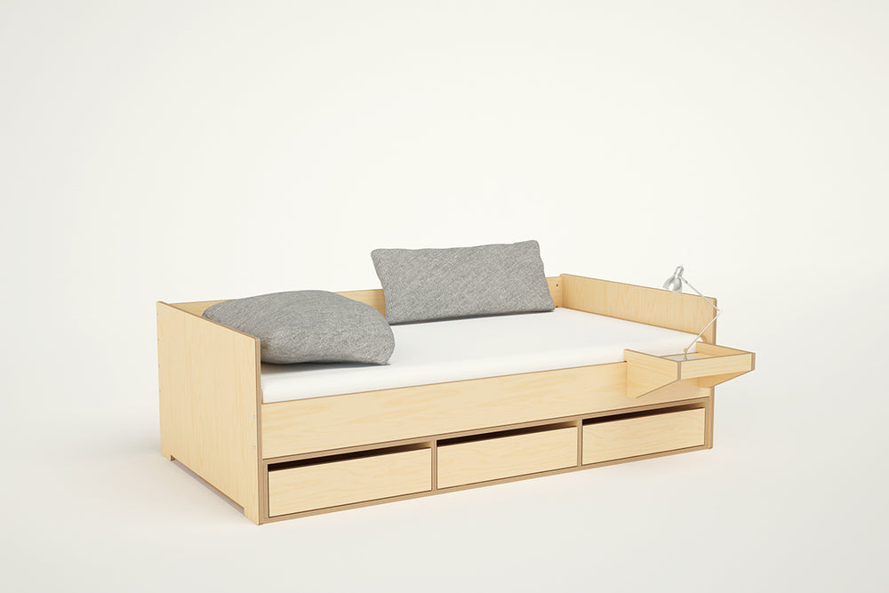Birch cabina daybed with simple floorboard and headboard and 3 storage drawers at base.