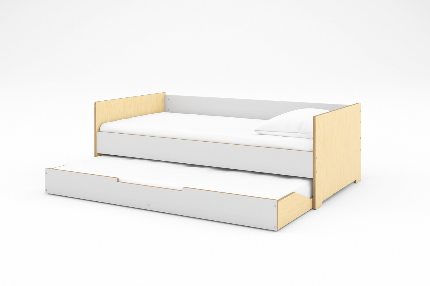 Birch and white wood twin daybed with headboard and footboard and trundle bed in open position with white bedding shown against a white background