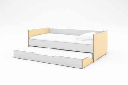 Birch and white wood twin daybed with headboard and footboard and trundle bed in open position with white bedding shown against a white background