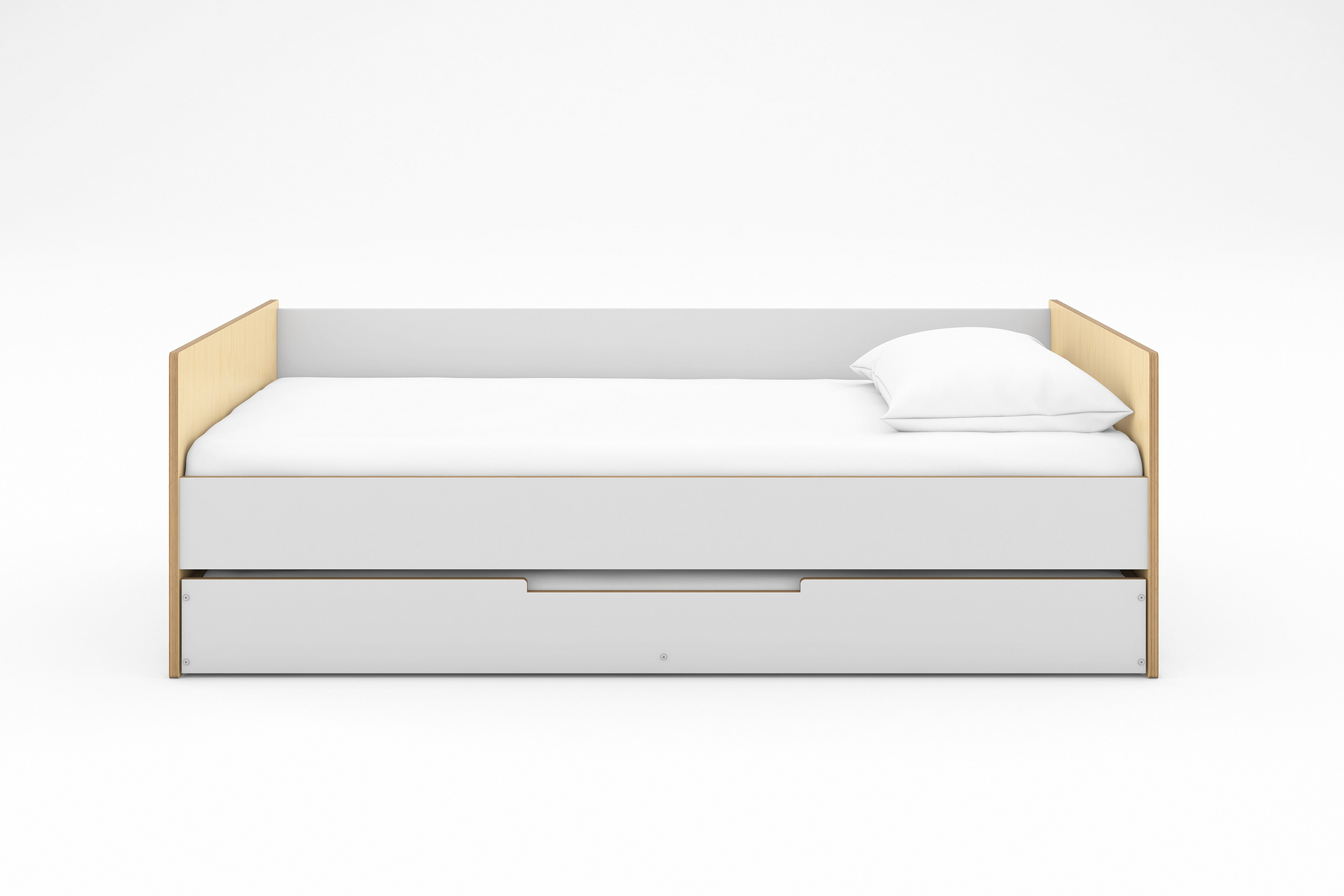 Birch and white wood twin daybed with headboard and footboard and trundle bed in birch and white with grey bedding shown against a white background