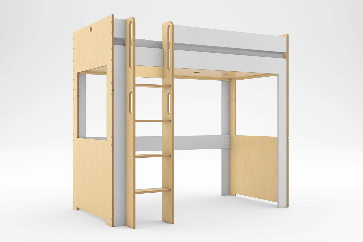 Cabin Loft Bed featuring an elevated sleep area and a spacious open play or study zone underneath in natural wood.