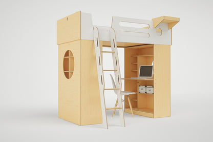 Dumbo Loft Bed ladder featuring an integrated desk and storage shelves underneath, ideal for a compact workspace