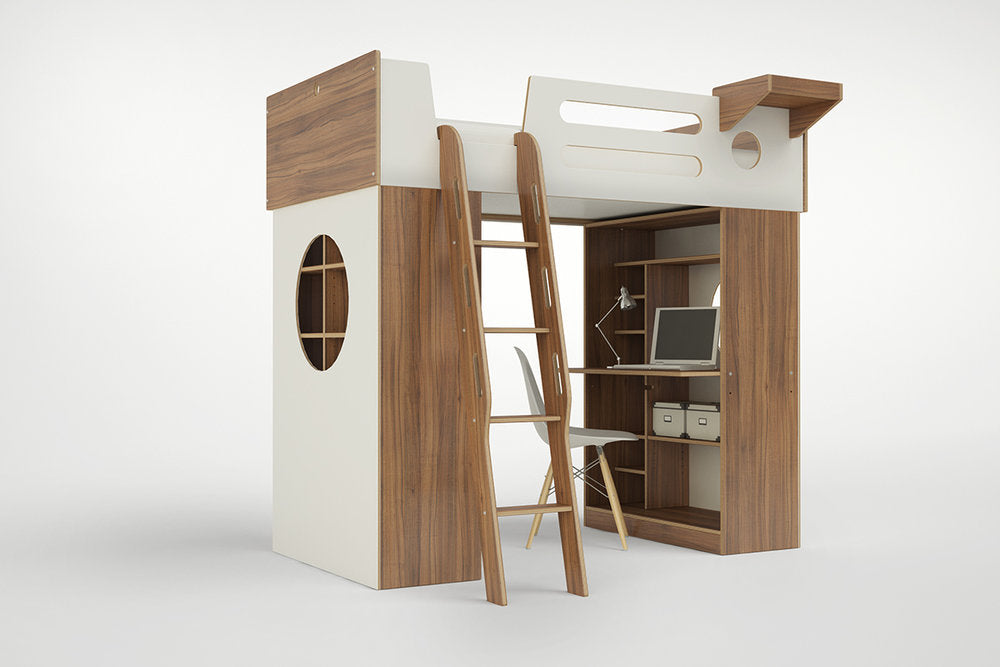 White and birch Dumbo Loft Bed with ladder, showing the built-in desk and shelving units for a clean, modern look