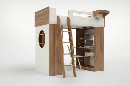 White and birch Dumbo Loft Bed with ladder, showing the built-in desk and shelving units for a clean, modern look