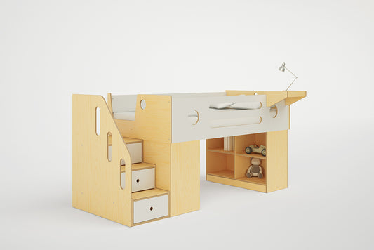 Dumbo Low Loft Bed in a birch finish, featuring a compact ladder and a safe, low-profile design for small rooms.