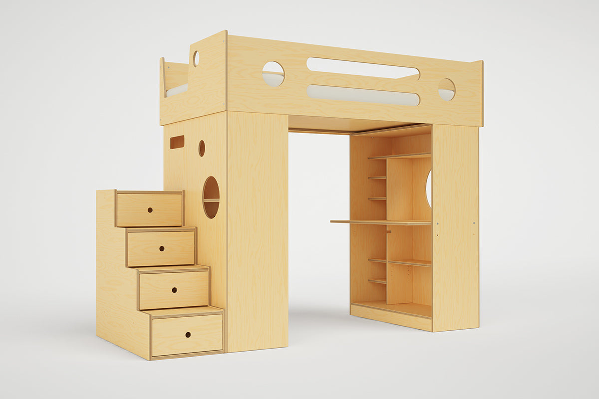 Dumbo Loft Bed featuring a built-in staircase with storage drawers and an integrated desk with shelving underneath
