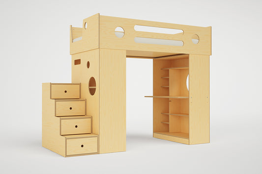 Dumbo Loft Bed featuring a built-in staircase with storage drawers and an integrated desk with shelving underneath