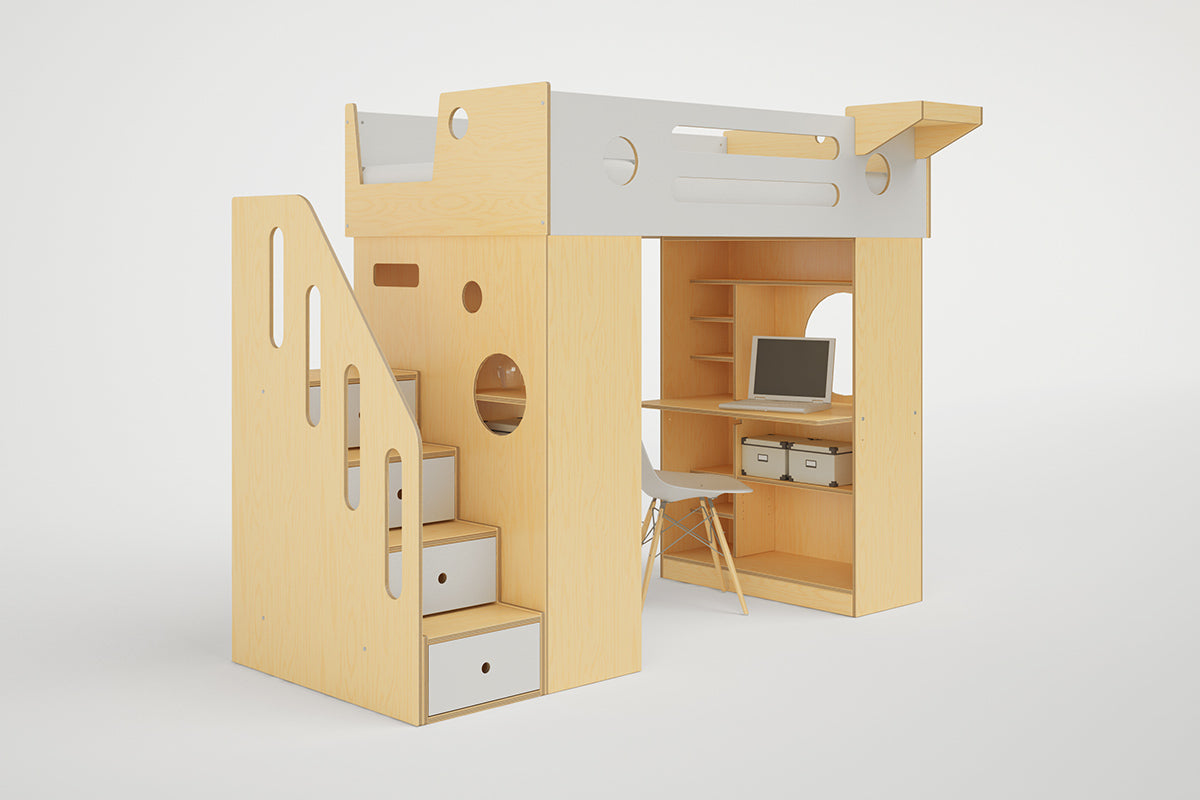 Dumbo Bed in a birch and white finish, Storage stairs with railing, storage shelves and workspace inside bottom bunk, and circular cutout designs against a white background