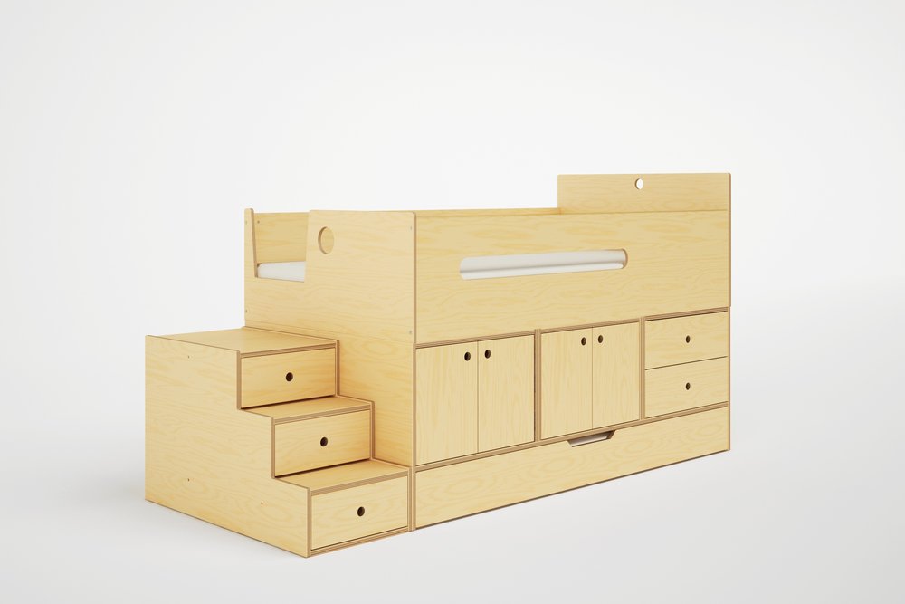 "Dumbo Storage Bed in birch wood featuring deep under-bed drawers and a clean, modern frame for organized kids' rooms.