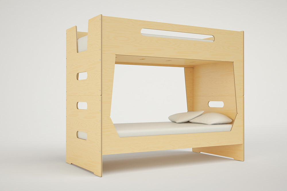 Side view of the LoLo Bunk Bed highlighting the integrated cutout ladder and sleek wooden frame
