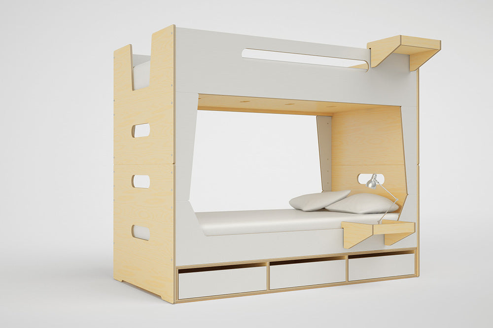 LoLo Bunk Bed featuring a top shelf attachment and a cozy bottom bunk setup