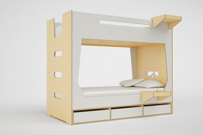 LoLo Bunk Bed featuring a top shelf attachment and a cozy bottom bunk setup