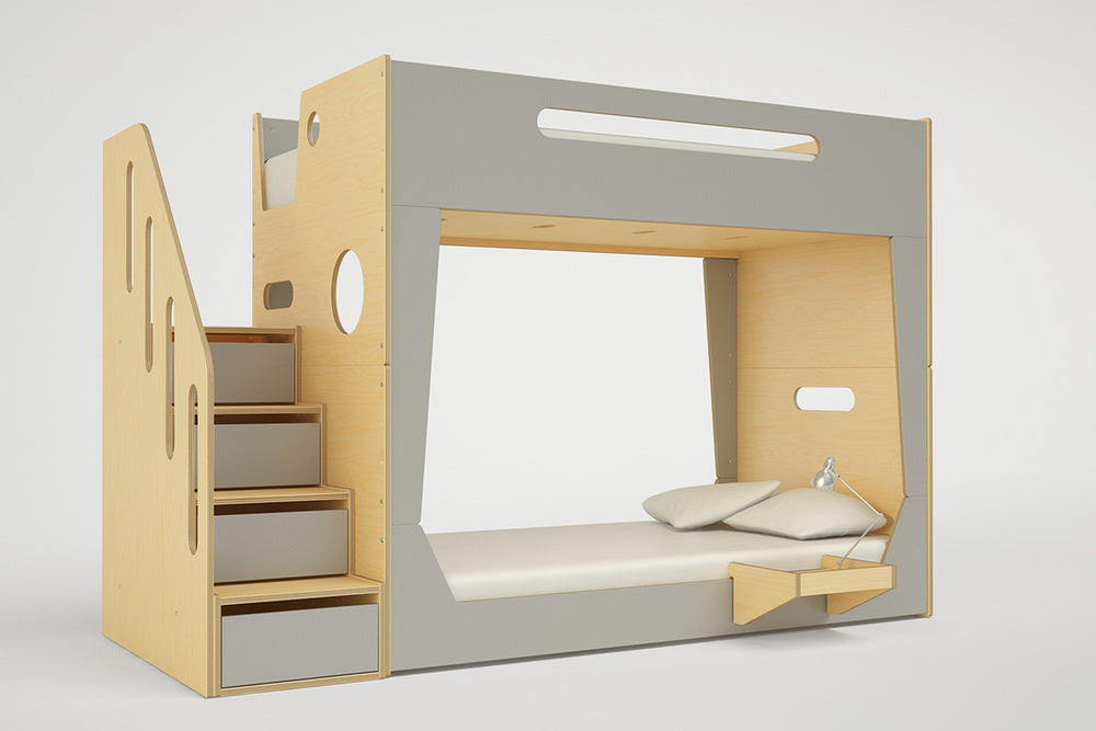 LoLo Bunk Bed with a storage staircase on the left side and a grey front panel