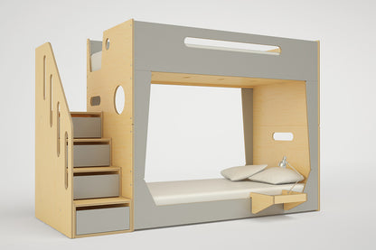 LoLo Bunk Bed with a storage staircase on the left side and a grey front panel