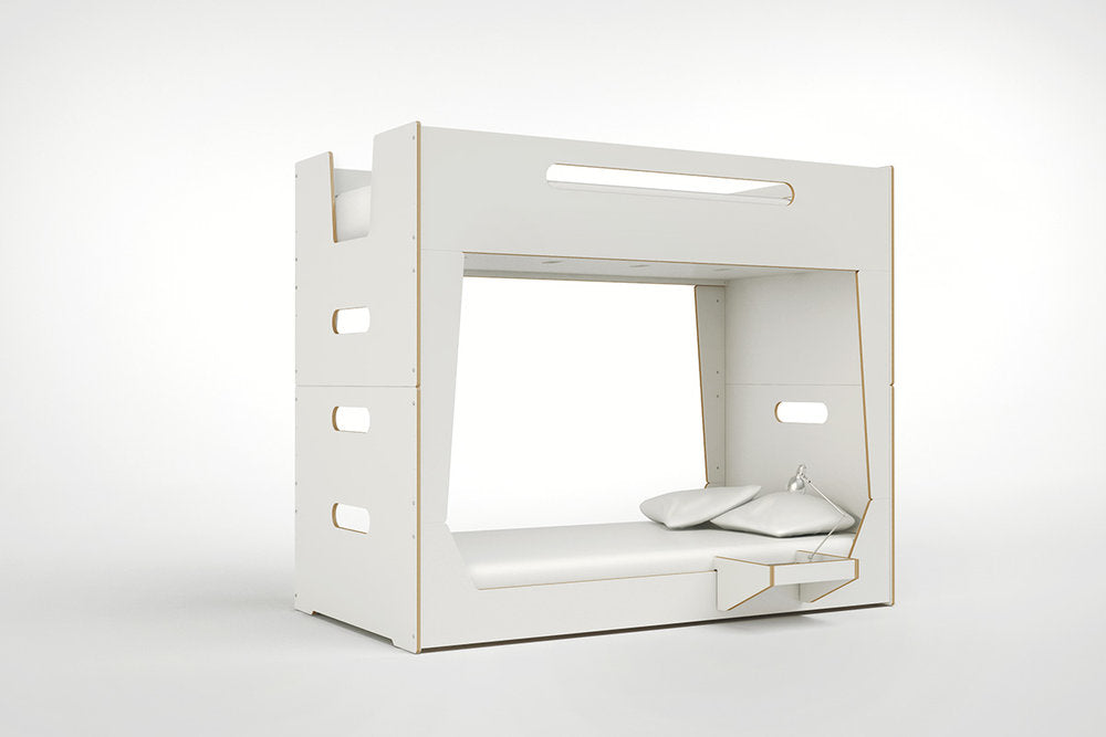 Angle view of the grey LoLo Bunk Bed, a space-saving sleeping solution for shared bedrooms