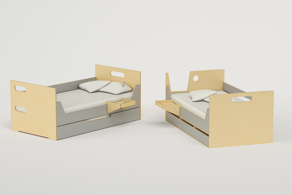 The LoLo Bunk Bed unstacked into two standalone low beds with natural wood frames.