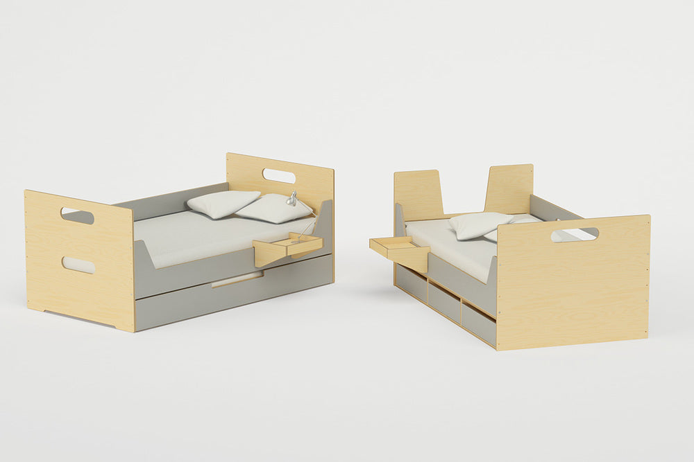 Handcrafted LoLo Bunk Bed with clean lines and integrated safety rails in a grey and wood color palette