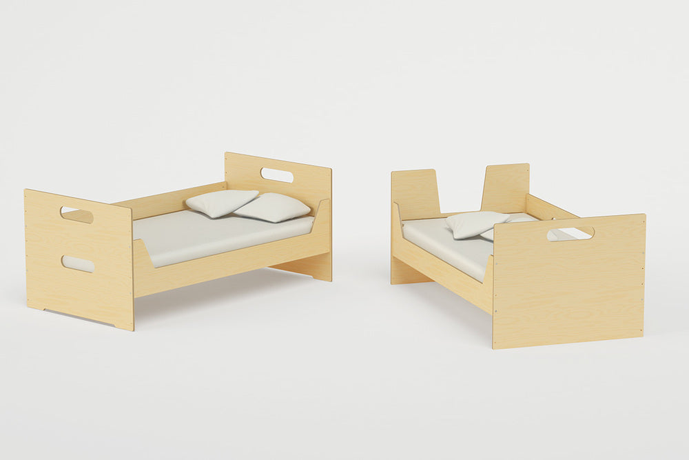 Two separate twin beds converted from the LoLo Bunk Bed set, showing their modular versatility.
