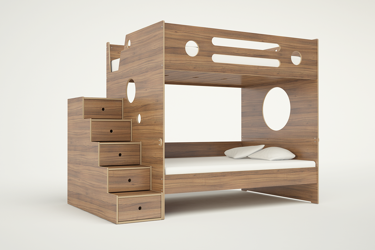 Marino Bunk Bed in a natural Walnut finish featuring a safe storage staircase and a modern, space-saving design with circular cutout designs against a white background