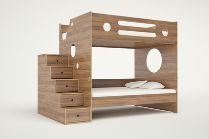 Marino Bunk Bed in a natural Walnut finish featuring a safe storage staircase and a modern, space-saving design with circular cutout designs against a white background