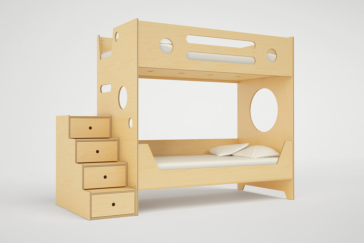 Marino Bunk Bed in a natural birch finish featuring a safe storage staircase and a modern, space-saving design.