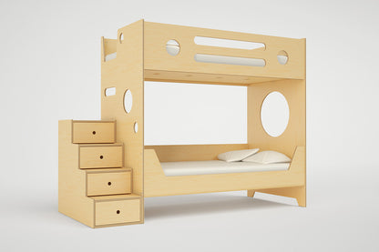 Marino Bunk Bed in a natural birch finish featuring a safe storage staircase and a modern, space-saving design.