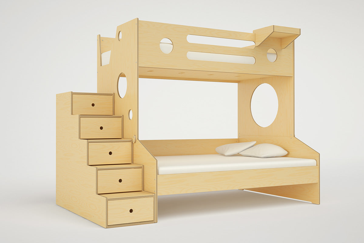 Marino Twin over Full bunk bed featuring a side staircase with built-in storage drawers in a natural wood finish