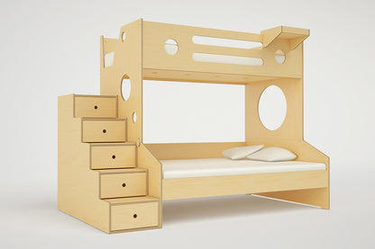 Marino Twin over Full bunk bed featuring a side staircase with built-in storage drawers in a natural wood finish