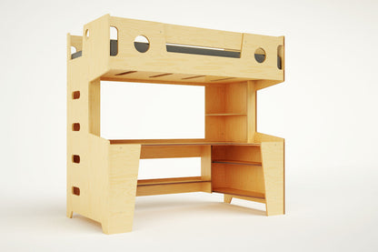 Marino Loft Bed in a natural wood finish, featuring storage stairs and built-in shelving for a modern kids' room