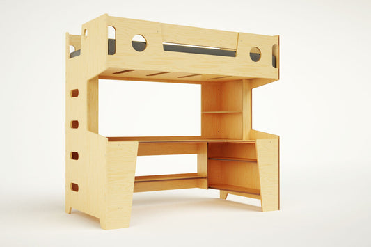 Marino Loft Bed in a natural wood finish, featuring storage stairs and built-in shelving for a modern kids' room