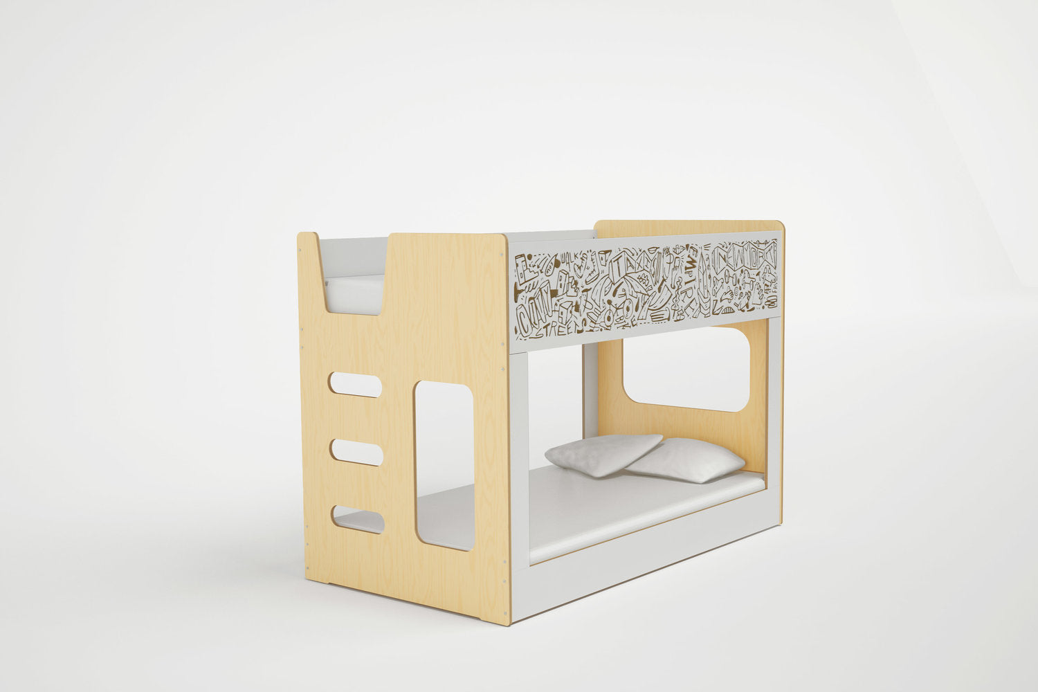 Low-profile miniBunk bed with a built-in chalkboard panel, perfect for small kids to draw and play in their own room.
