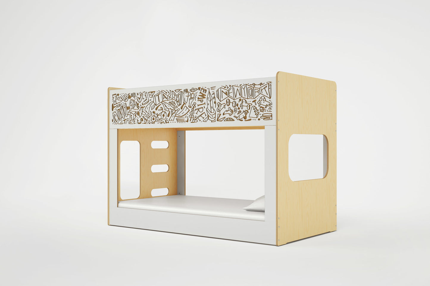 Modern white miniBunk featuring a customizable art panel with colorful graffiti designs for a creative bedroom