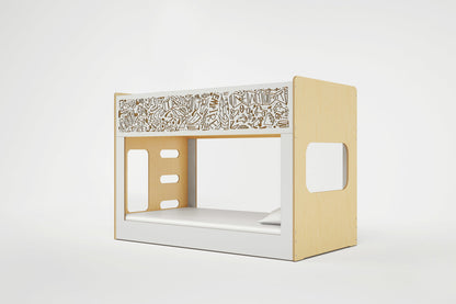 Modern white miniBunk featuring a customizable art panel with colorful graffiti designs for a creative bedroom