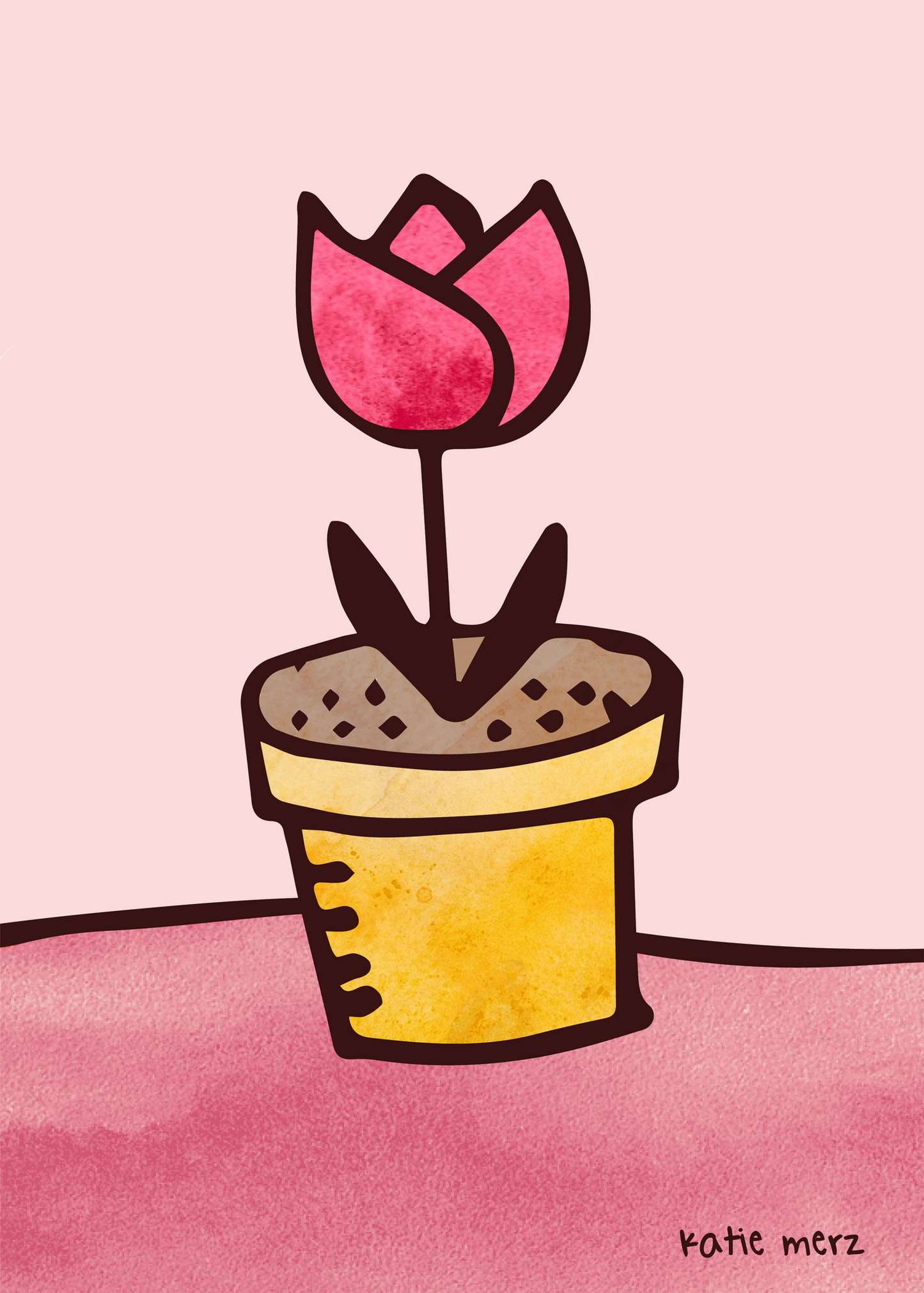 Katie Merz Framed Artwork-Pink tulip in yellow pot water color on pink ground