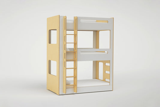 Triple bunk bed with a sturdy side ladder and a clean white finish, maximizing vertical space for three children
