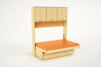 Studio product shot of the Tuck over Daybed on a white background, highlighting its orange accents and clean wooden lines.
