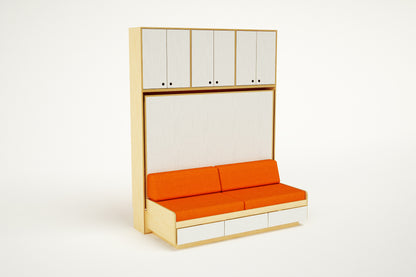 Close-up of the handcrafted wood structure and orange panels of the Tuck over Daybed.