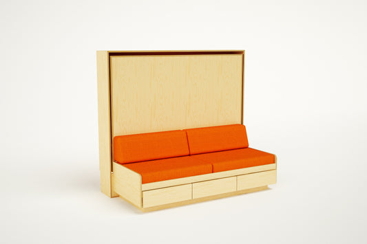 Tuck over Daybed in a horizontal layout featuring birch wood finish and vibrant orange cushions against a white background