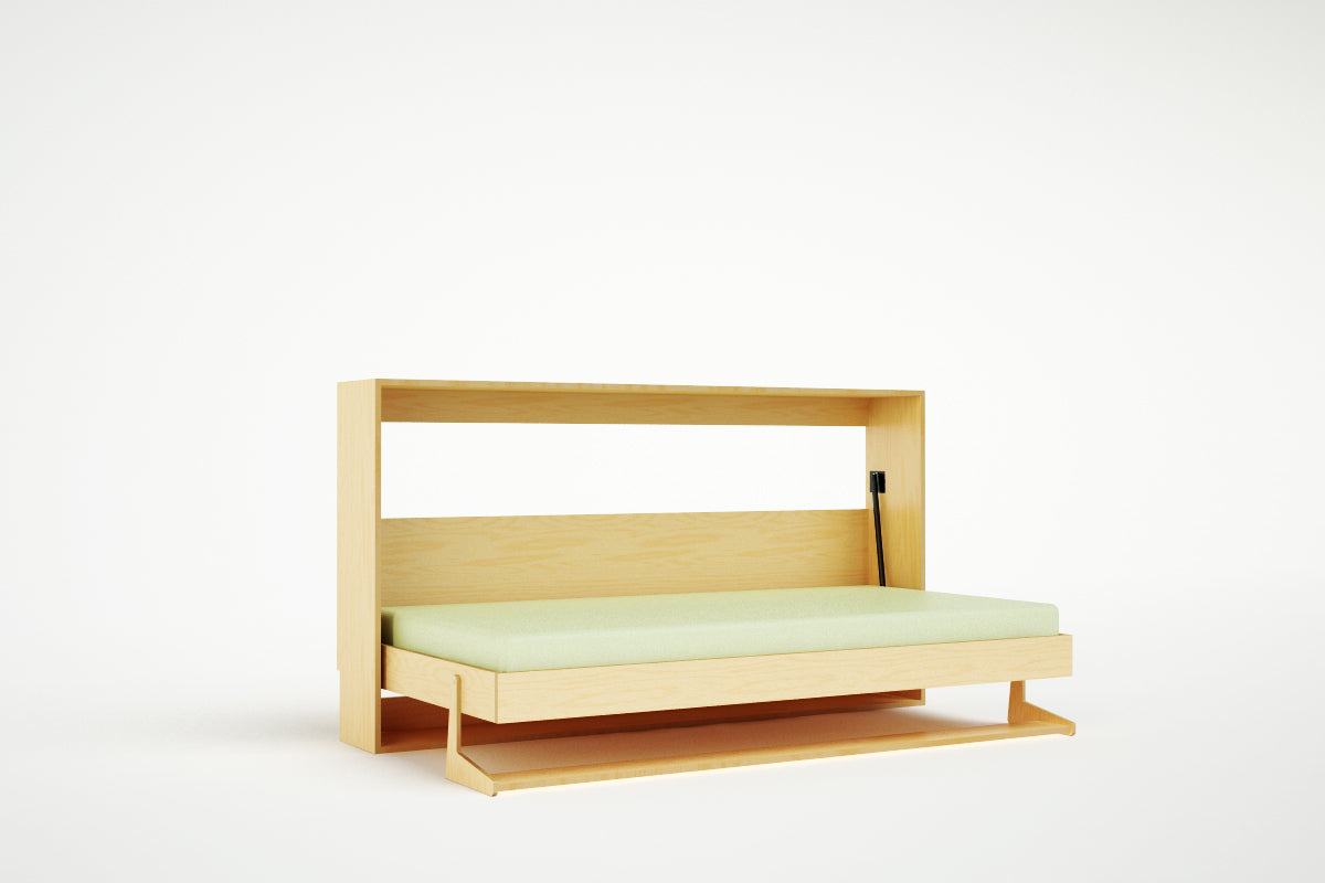 Horizontal Tuck Bed in natural wood, showing its space-saving side-opening design for narrow or low rooms