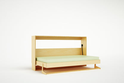 Horizontal Tuck Bed in natural wood, showing its space-saving side-opening design for narrow or low rooms