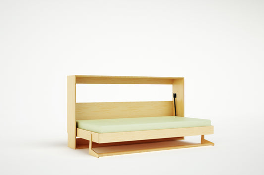 Horizontal Tuck Bed in natural wood, showing its space-saving side-opening design for narrow or low rooms
