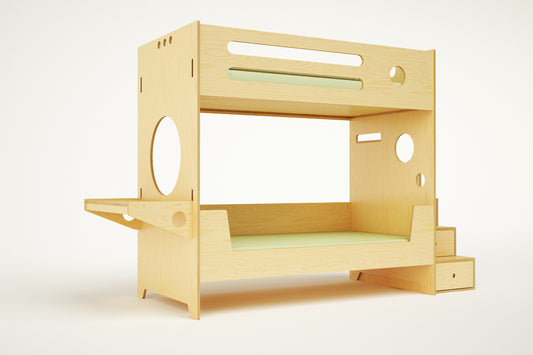 Birch Hanging desk attached to matching bunk bed lower bunk with stairs and circular cutouts against a white background