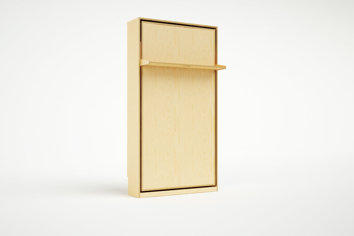 Closed view of a vertical Murphy bed with a natural wood finish and a sleek, space-saving design