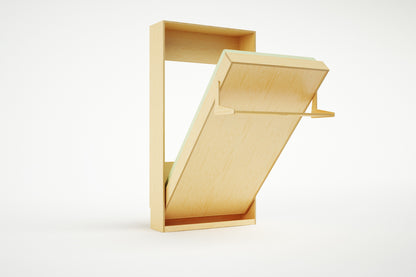 Vertical Tuck Bed in mid-opening position, demonstrating its smooth folding mechanism and natural wood interior.