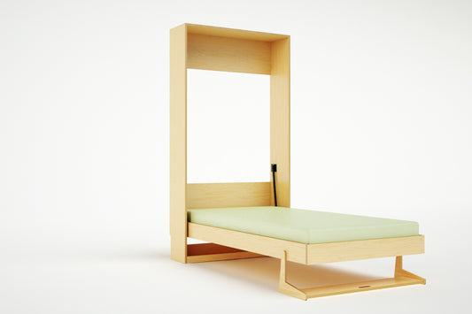 Fully opened vertical Tuck Bed showing the comfortable mattress and sturdy wooden leg support birch wood with green mattress against a white background.