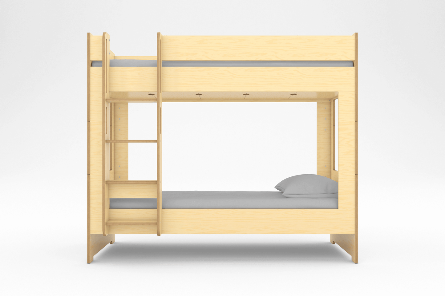 Modern kids' cabin-style bunk bed made of birch plywood with a clean front-facing design and safety ladder.